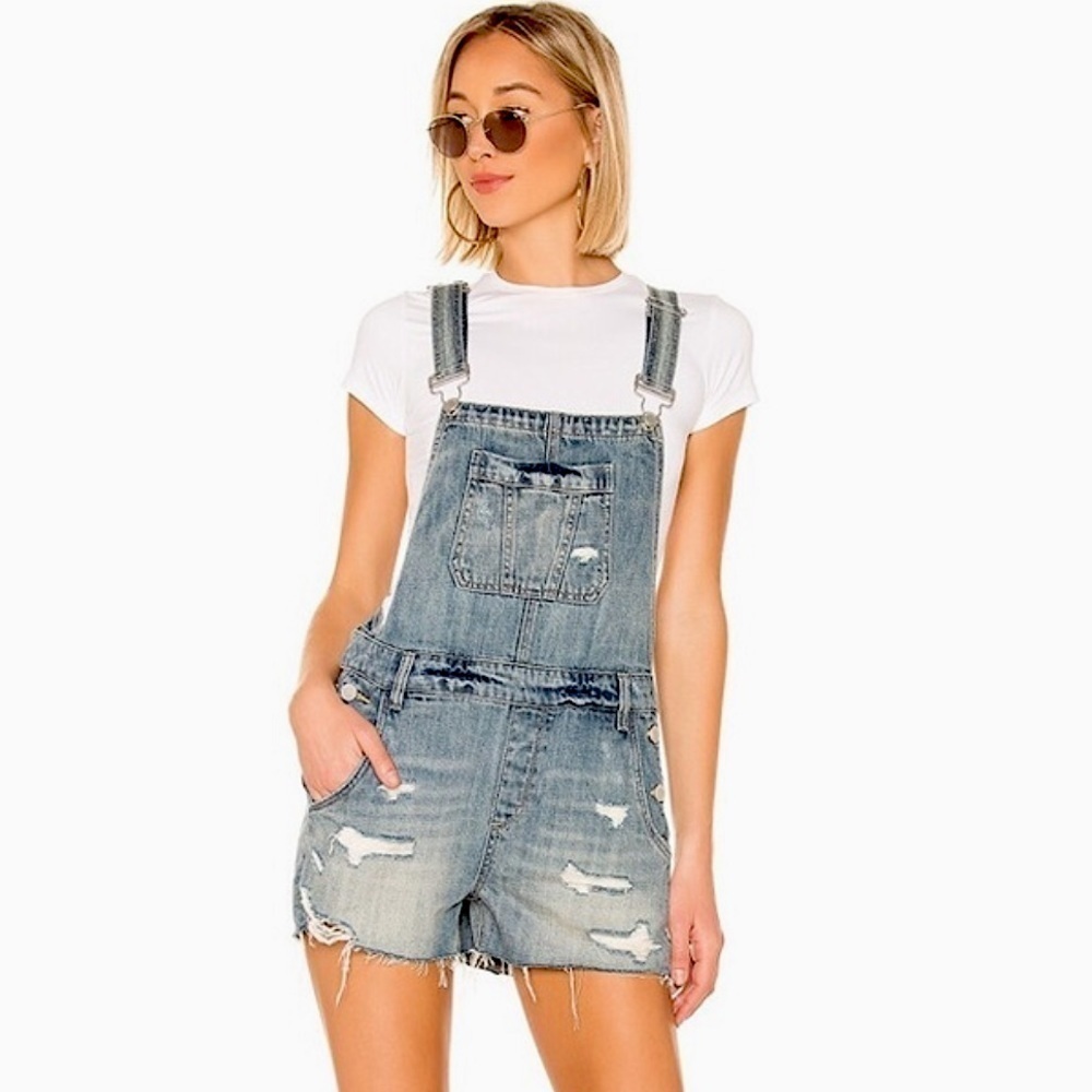 American Bazi Cut Off Denim Bib Overall Shorts Distressed Size Large BLU…